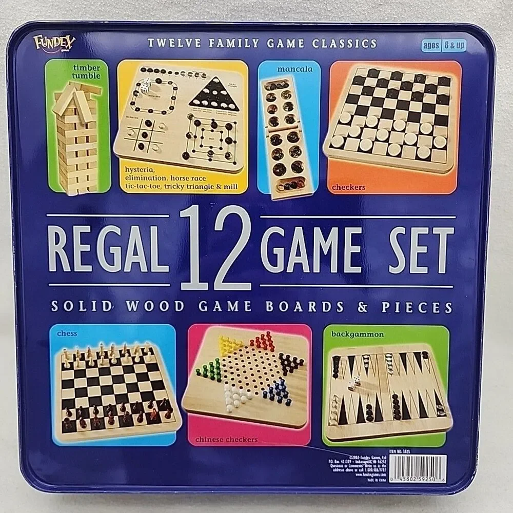 Game REGAL 12 SET Solid Wood Board & Pieces Chess Checkers Backgammon Mill NEW
